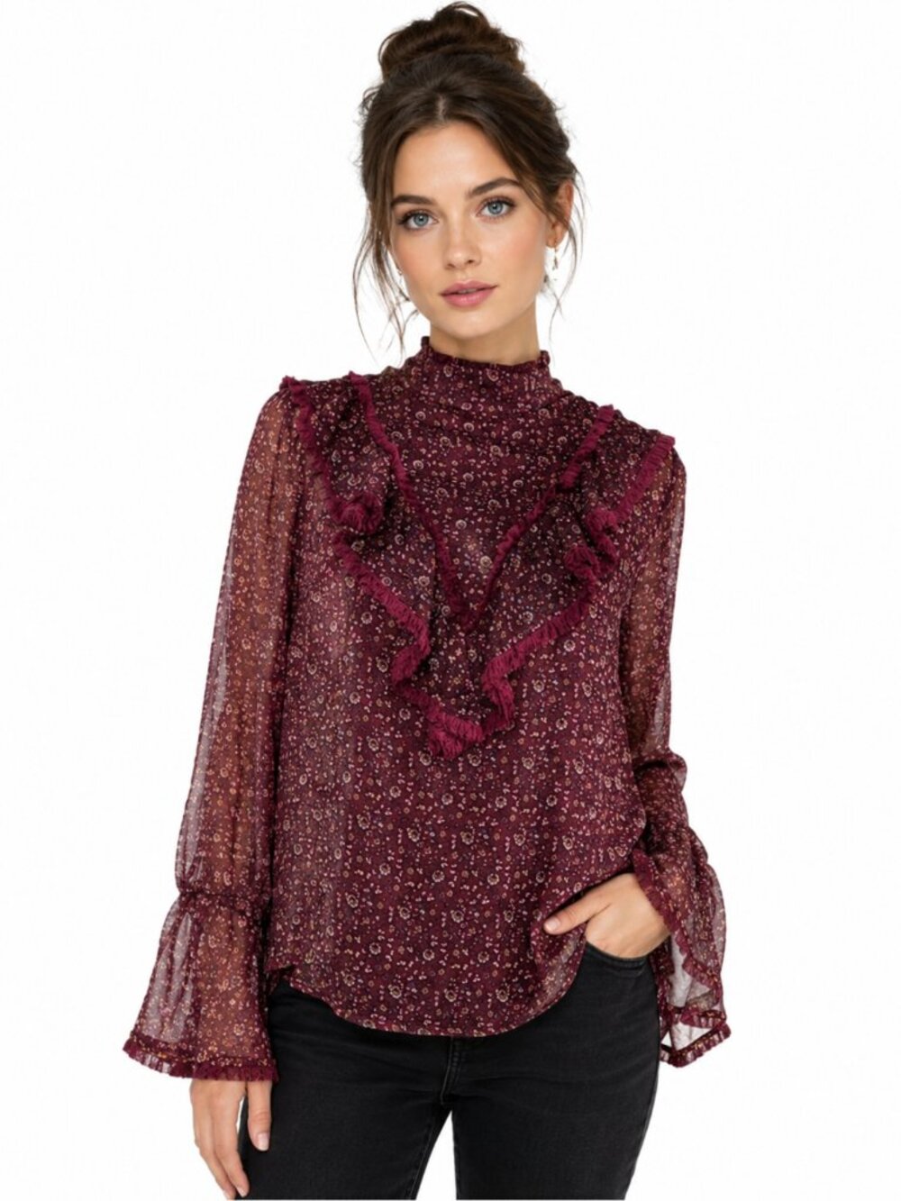 Blush Noir Women’s Floral Sheer Lined Ruffle Blouse Sz Large Burgundy Neck Bib